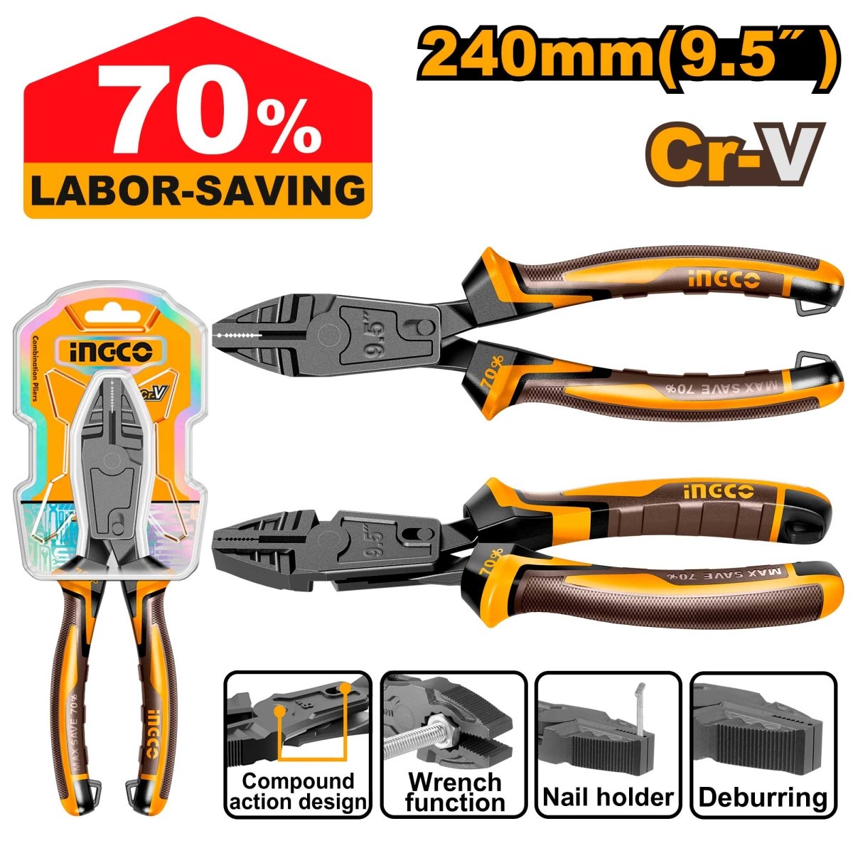Alicate De Combinación 9,5 Crv Ingco HCCP58246 - MARKEMSTORE - Alicates