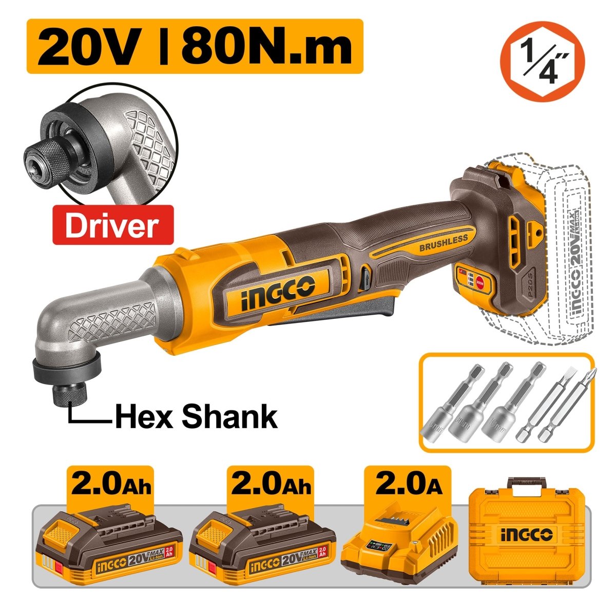 Atornillador De Impacto Angular Hex 1/4´´ 20V 80Nm Incluye 2 Baterias Y Cargador Ucairli208 - MARKEMSTORE -