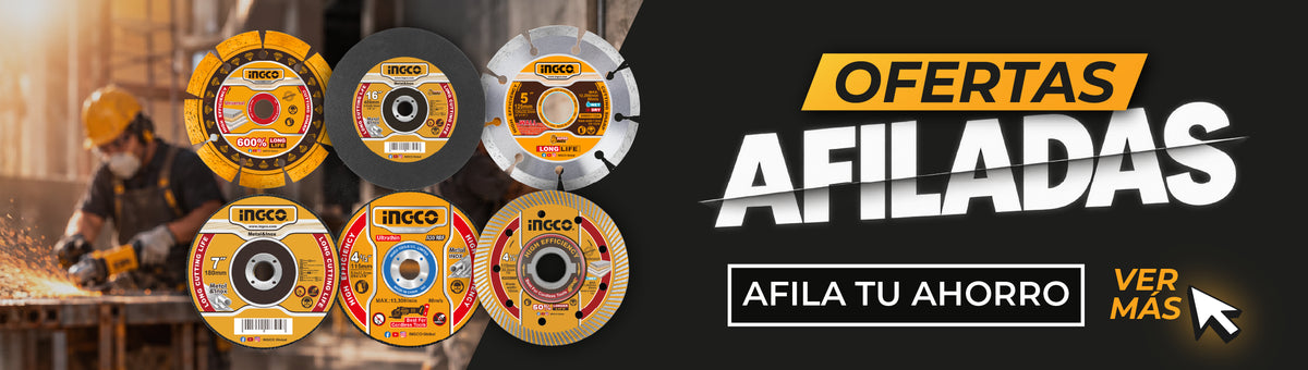 Banner promocional "Ofertas Afiladas" con variedad de discos de corte marca INGCO.- MARKEMSTORE