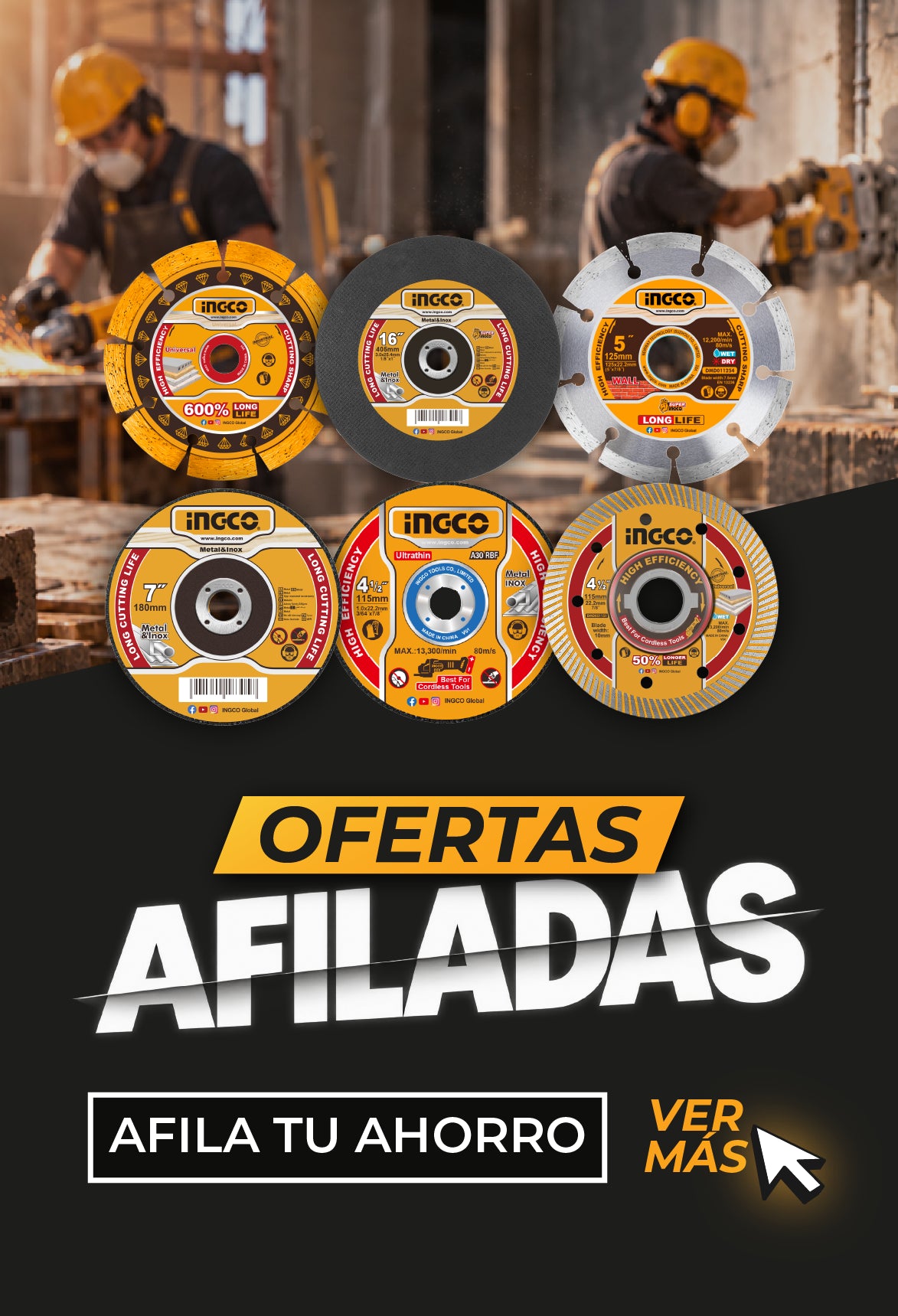 Banner promocional "Ofertas Afiladas" con variedad de discos de corte marca INGCO.