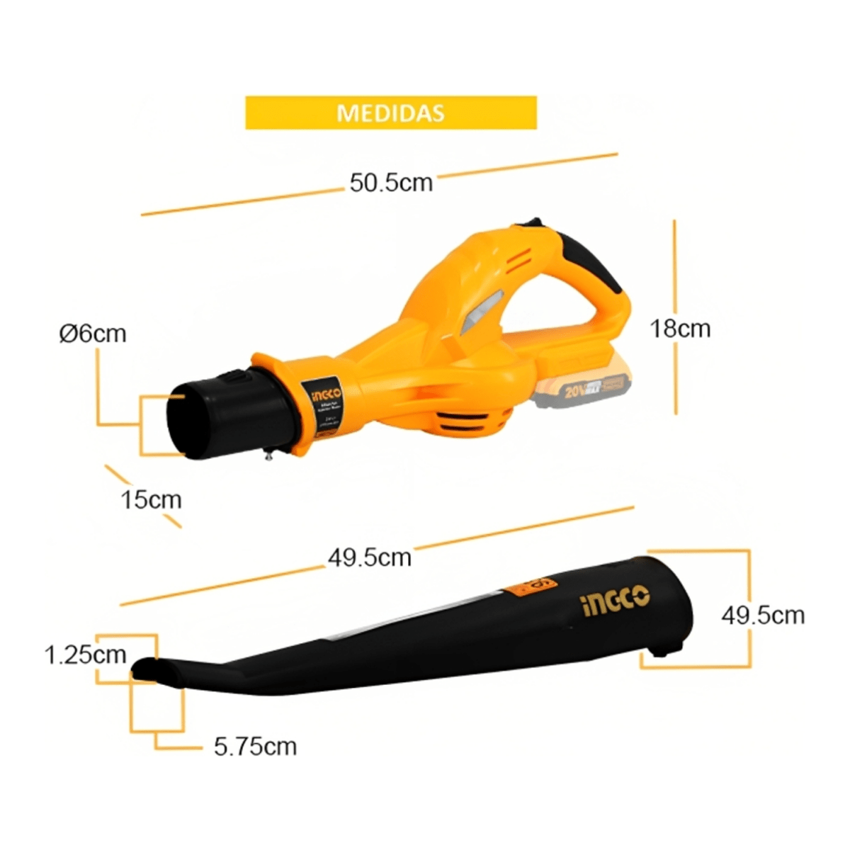 Blower Inalámbrico Ionlitio 20V 13000/Min 210Km/H 0,042M3/S Ingco CABLI2004 - MARKEMSTORE - Pistolas y Sopladores