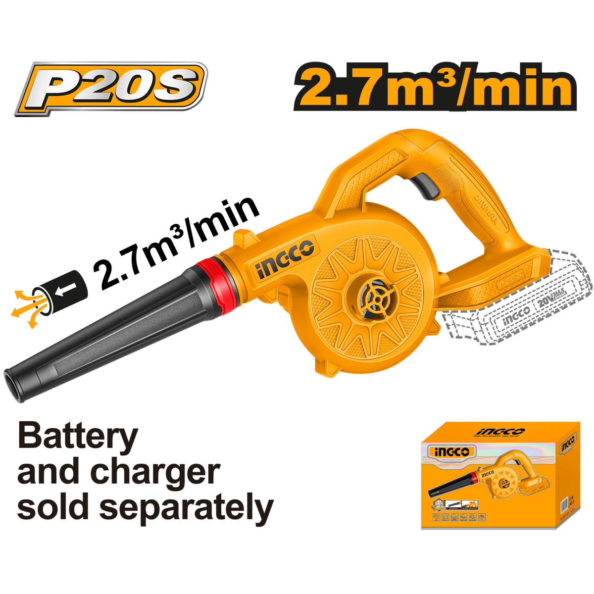 Blower INGCO 20V 18000RPM - Soplador de Aire Inalámbrico Compacto 2.7m³/min CABLI2078 - MARKEMSTORE - Pistolas y Sopladores