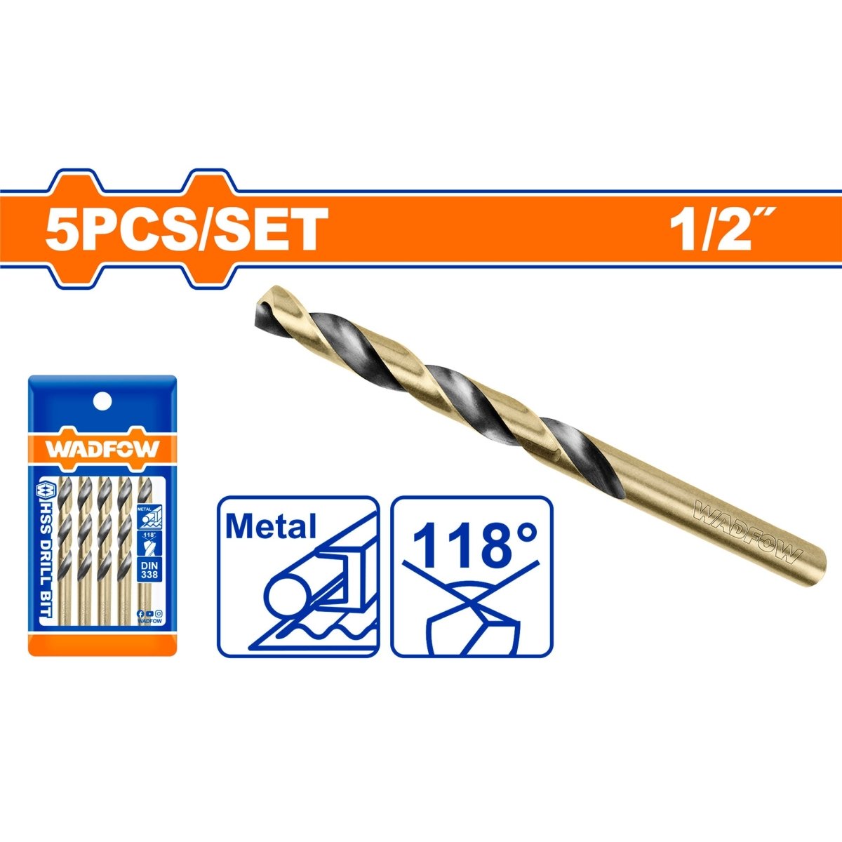 Broca HSS Para Metal 1/2 Pulgada WADFOW UWTD8912- Paquete de 5 Unidades - MARKEMSTORE - Brocas