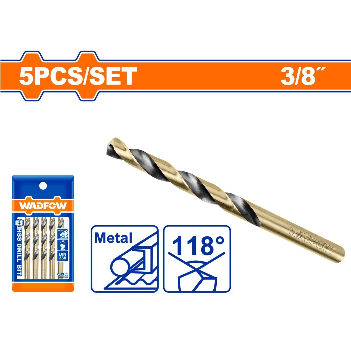 Broca HSS Para Metal 3/8 Pulgada WADFOW UWTD8909 - Paquete de 5 Unidades - MARKEMSTORE - Brocas