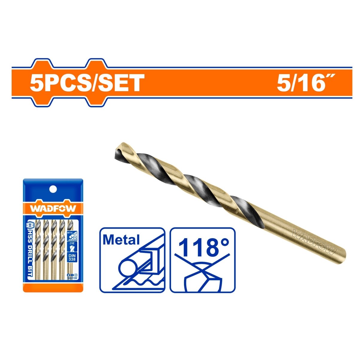 Broca HSS Para Metal 5/16 Pulgada WADFOW UWTD8908- Paquete de 5 Unidades - MARKEMSTORE - Brocas