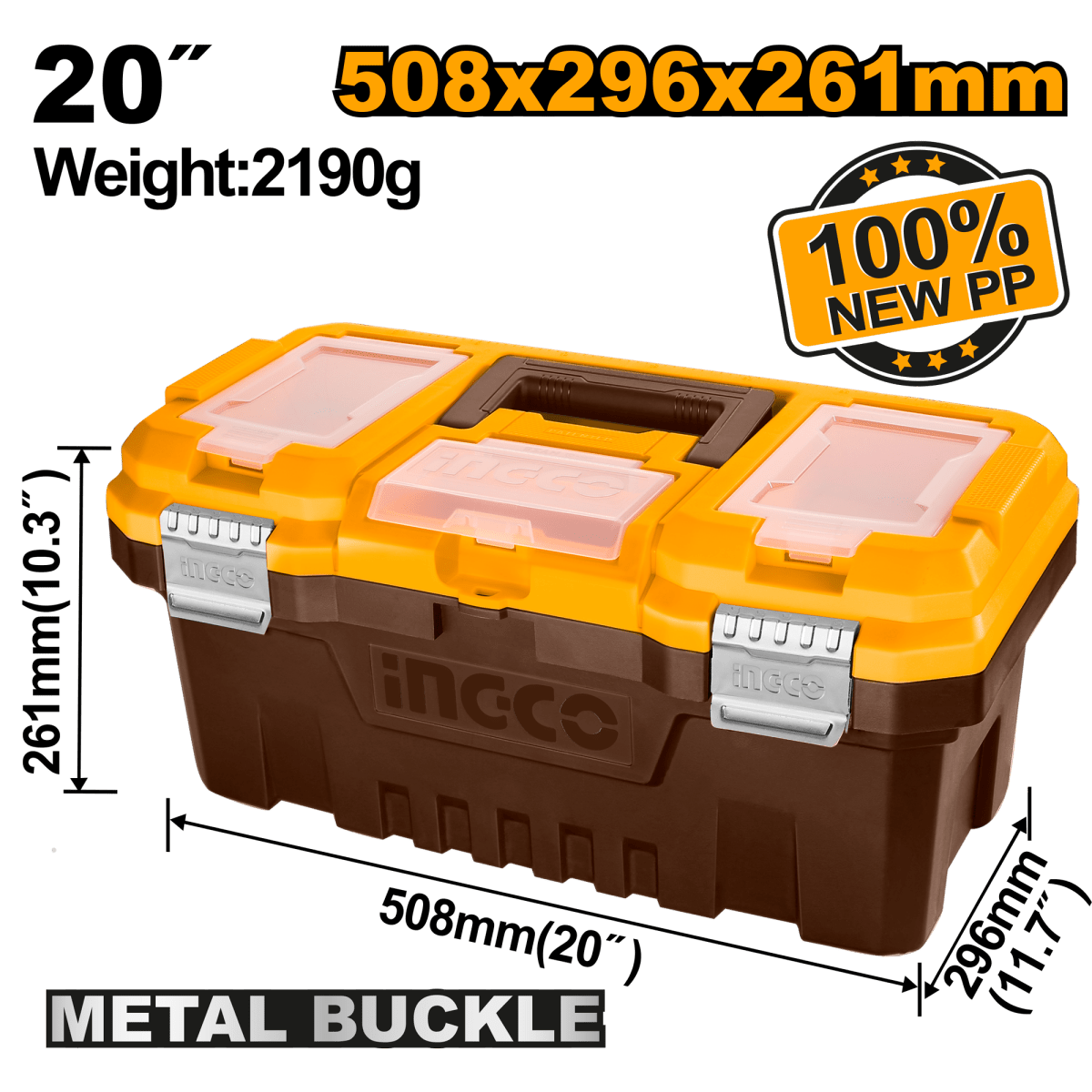 Caja De Herramientas Plástica Agarre Metálico 20"X11.7"X10.3" Ingco PBX2002 - MARKEMSTORE - 