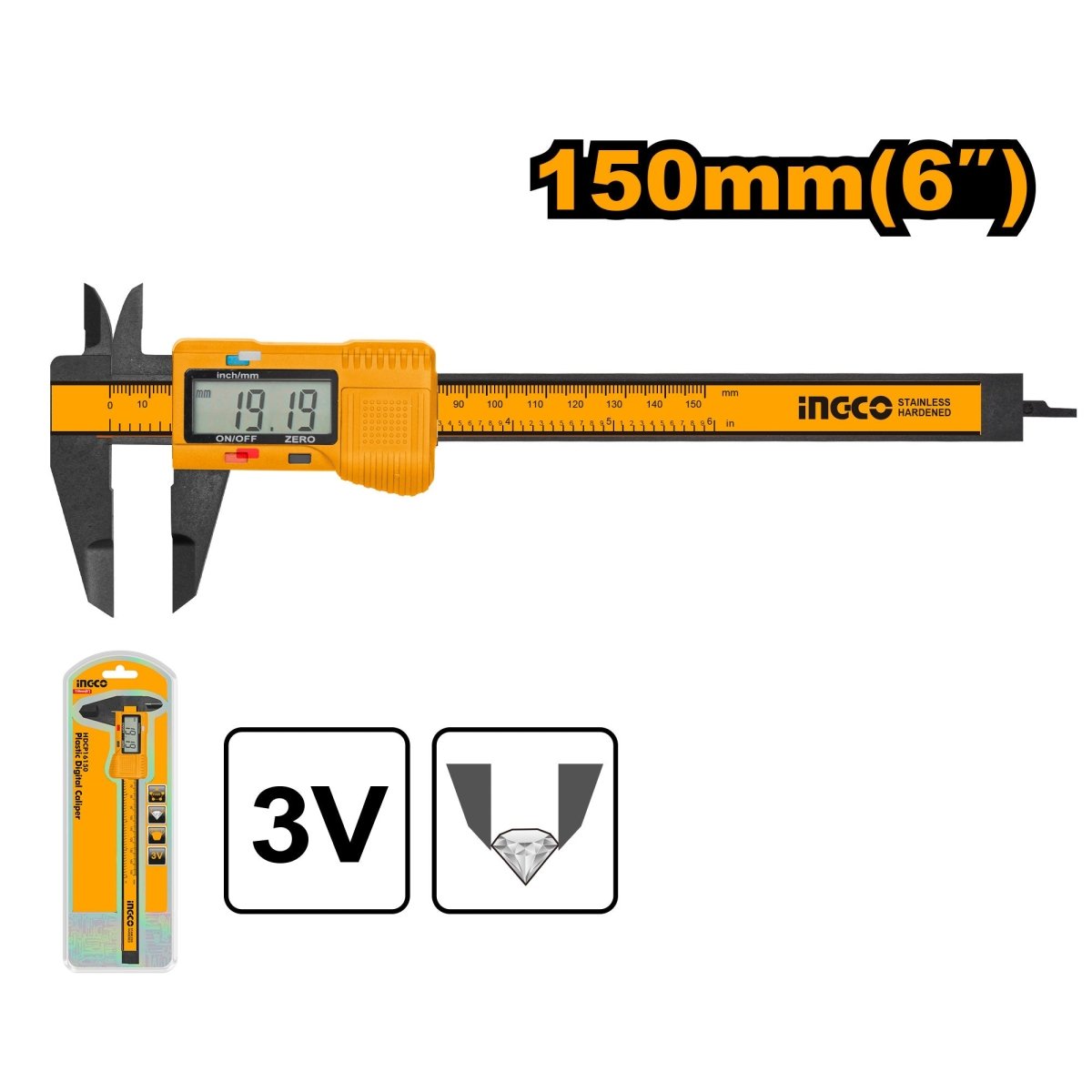 Calibrador Plastico Digital Superselect 0-150mm 0,1mm Ingco HDCP16150 - MARKEMSTORE - HERRAMIENTA PARA MEDICION