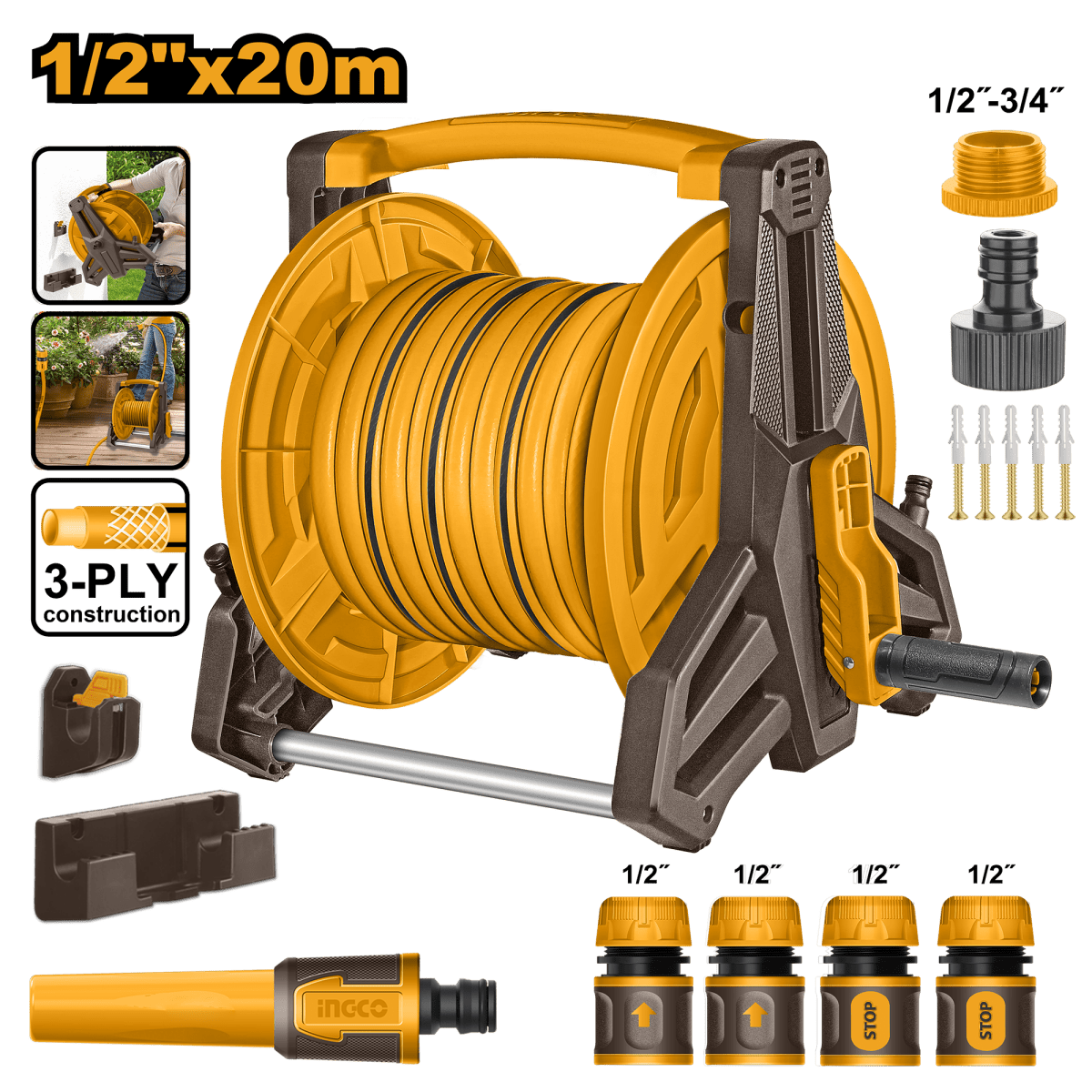 Carrete para Manguera INGCO 20m 1/2" - Manguera de Jardín Completa HHR20124 - MARKEMSTORE - 