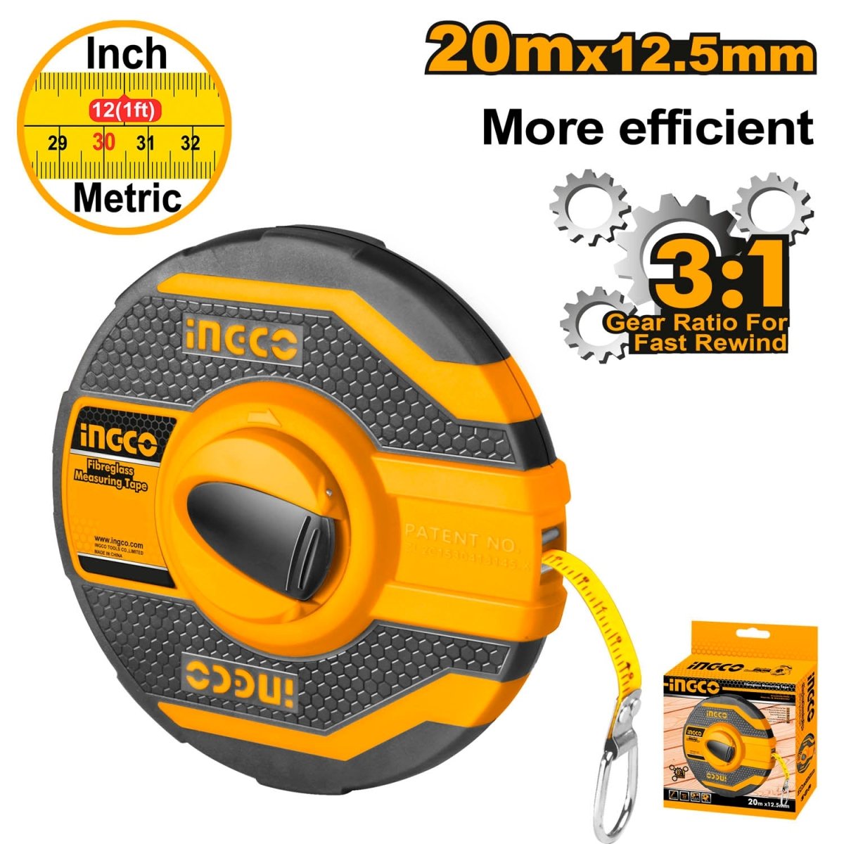Cinta Métrica Fibra de Vidrio 20m x 12.5mm INGCO HFMT8120 - MARKEMSTORE - Cintas Métricas y Flexómetros