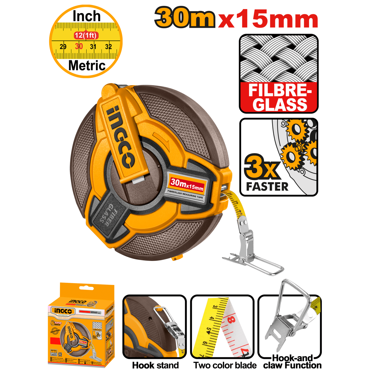 Cinta Métrica Fibra de Vidrio 30m x 15mm INGCO HFM1830 - MARKEMSTORE - Cinta Metrica