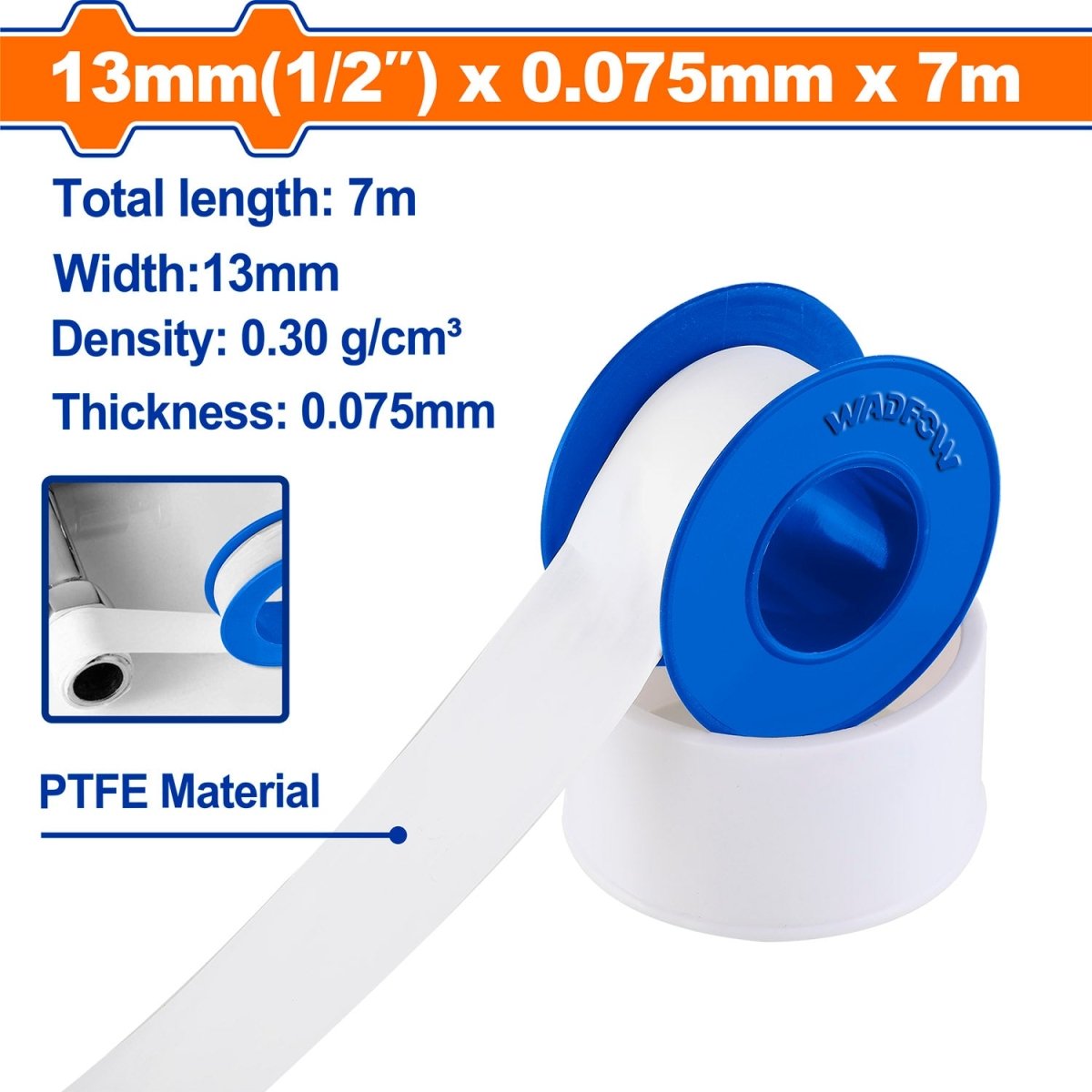 Cinta teflón WADFOW WXP1301 de 13 mm x 7 m, con especificaciones y ejemplo de sellado de una conexión roscada.