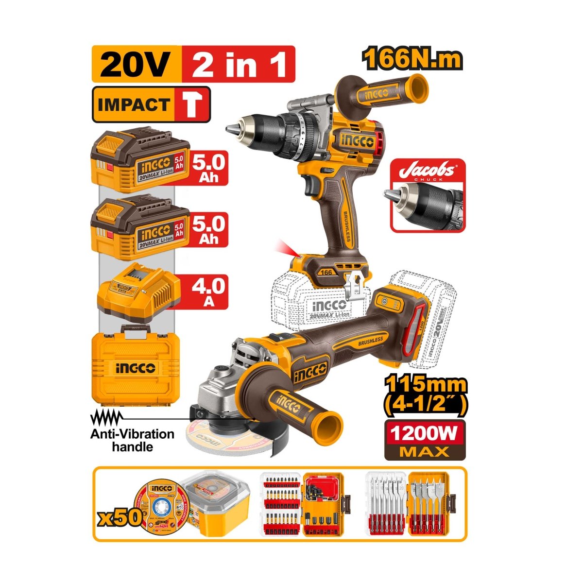 Combo 1 Taladro Impacto 20V inalámbrico, 1 Pulidora Inalámbrica + Accesorios INGCO Ucosli260583 - MARKEMSTORE - Combos de Herramientas