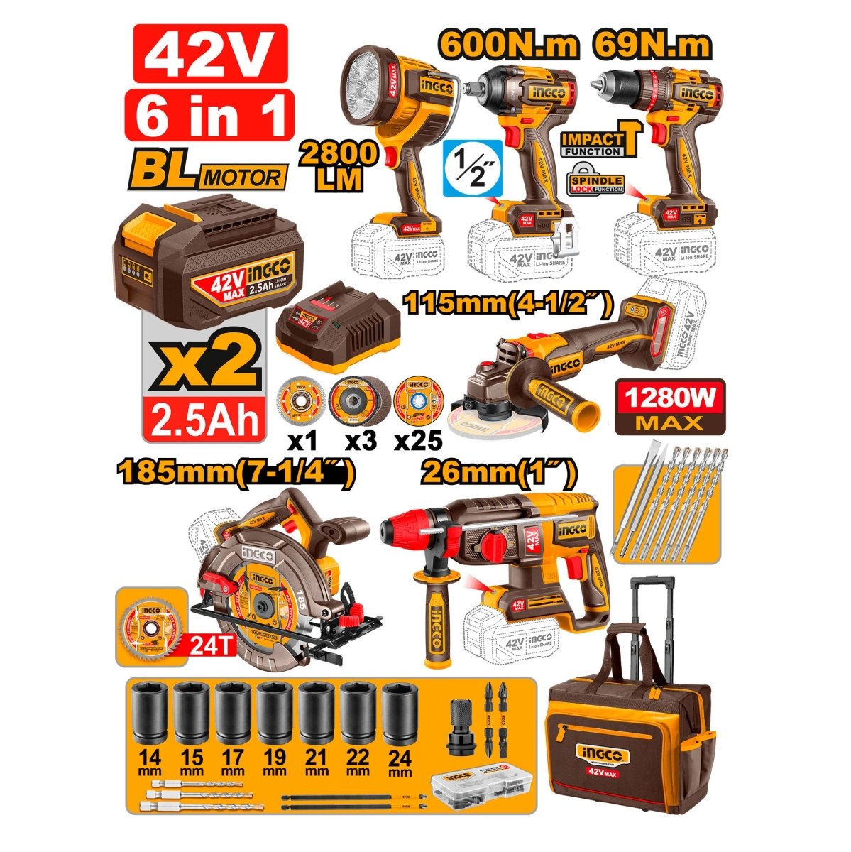 Combo 42V 1 Taladro Impacto M1/2, Llave De Impacto M1/2, Pulidora 4 1/2, Rotomartillo, Sierra Circular, Lampara Ucosli260496 - MARKEMSTORE - Combos de Herramientas