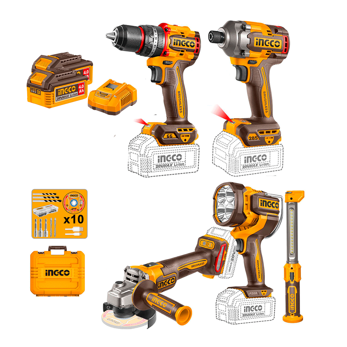 Combo Inalámbrico 20V 5 Herramientas: Taladro Impacto + Atornillador + Pulidora + 2 Lámparas INGCO UCOSLI250692 - MARKEMSTORE - Combos