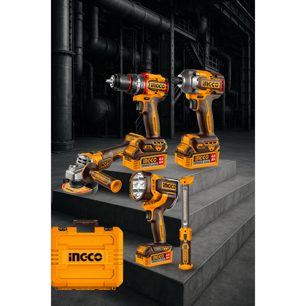 Combo Inalámbrico 20V 5 Herramientas: Taladro Impacto + Atornillador + Pulidora + 2 Lámparas INGCO UCOSLI250692 - MARKEMSTORE - Combos