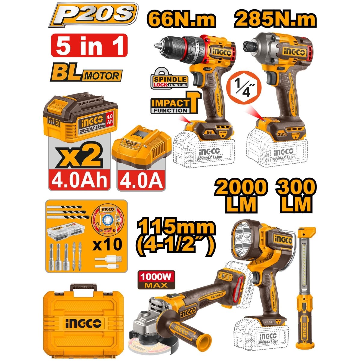 Combo Inalámbrico 20V 5 Herramientas: Taladro Impacto + Atornillador + Pulidora + 2 Lámparas INGCO UCOSLI250692 - MARKEMSTORE - Combos