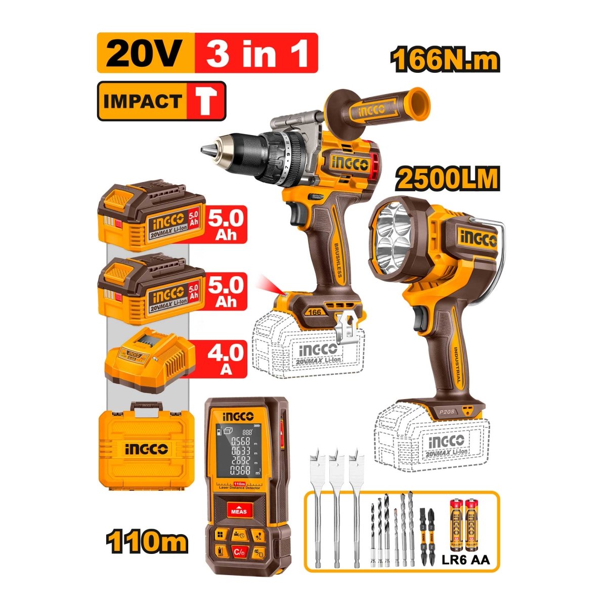 Combo Taladro 20V Lampara Inalámbrica, Medidor De Distancia Laser + Accesorios Uhldd260528 - MARKEMSTORE - Combos de Herramientas