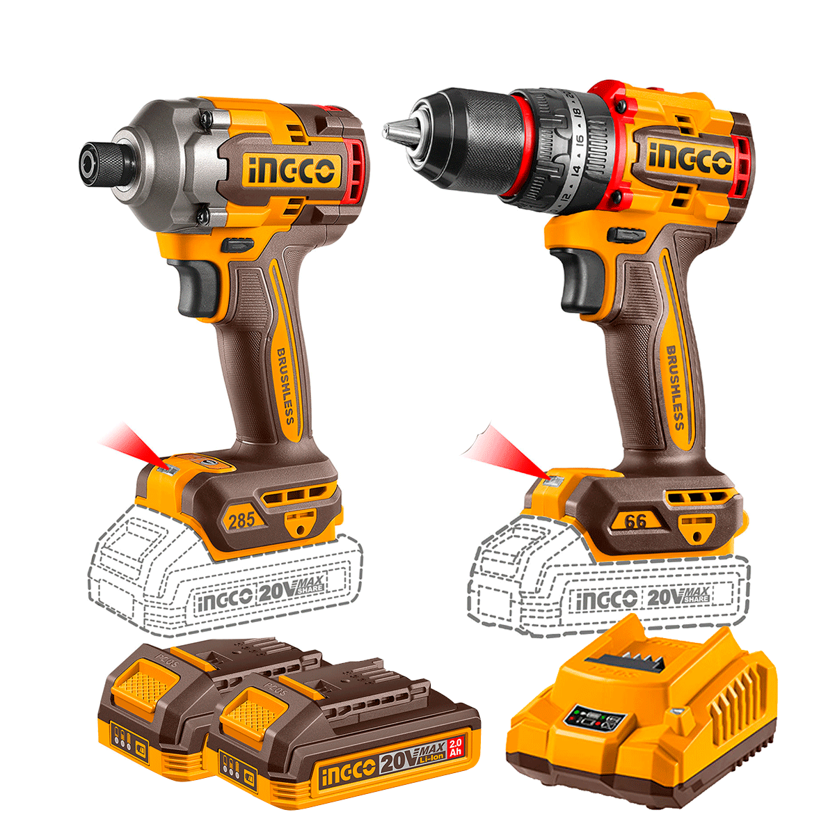 Combo Taladro Inalámbrico INGCO 20V + Atornillador + 2 Baterías 2Ah y Accesorios UCKLI20277 - MARKEMSTORE - Combos