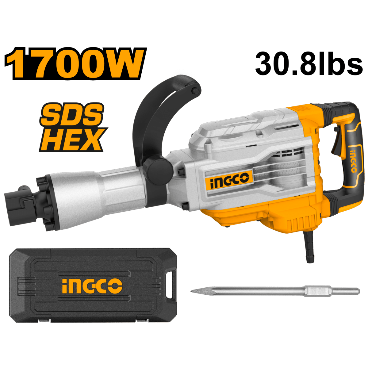 Demoledor 1700W 1900Bmp 45J Con 1 Cinceles Ingco UPDB17026 - MARKEMSTORE - 