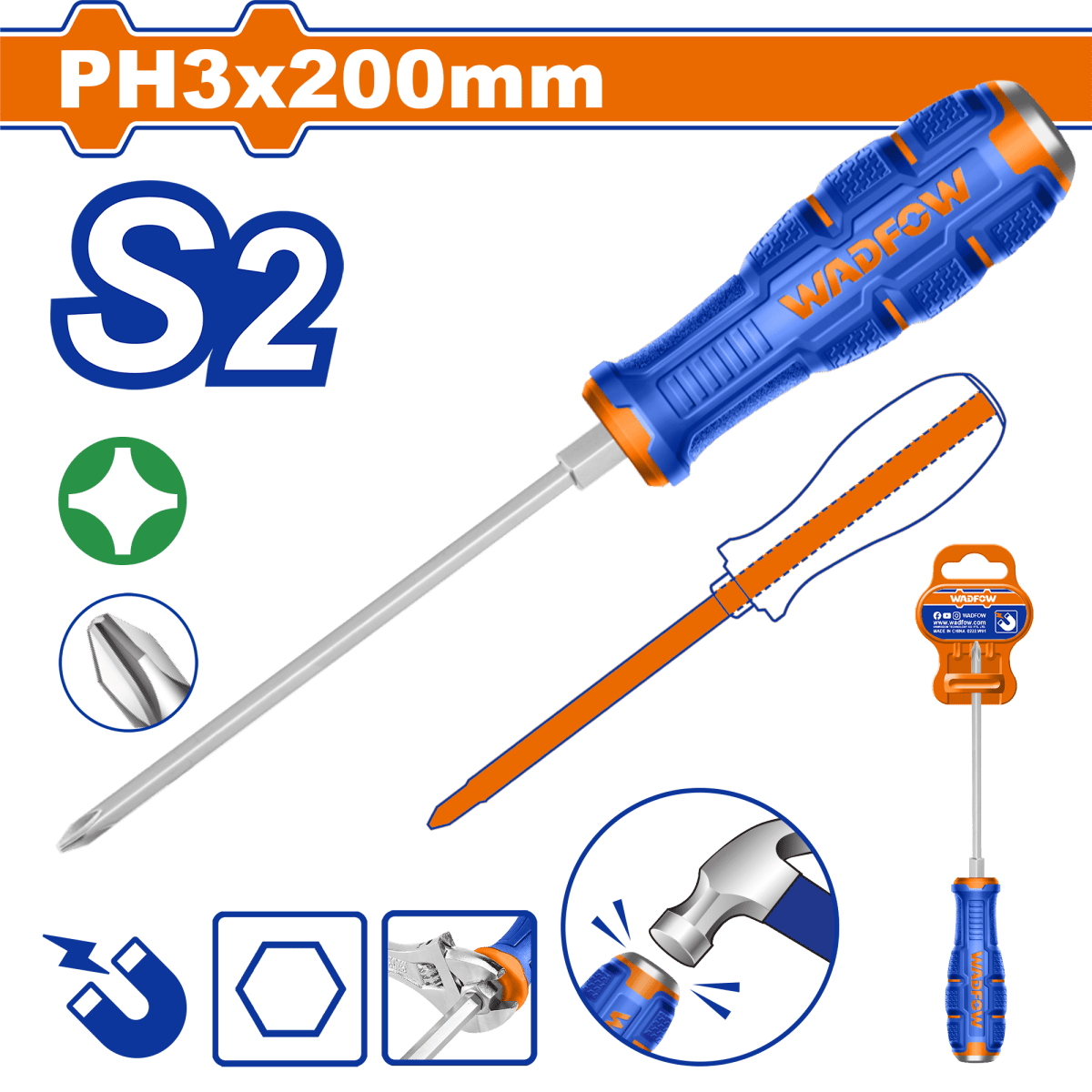 Destornillador Pasante Phil Ph3X200mm Bicolor WADFOW WQJ2238 - MARKEMSTORE - 
