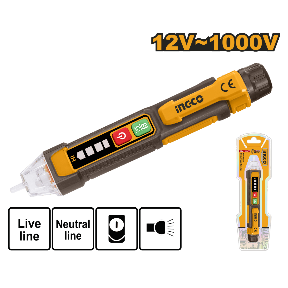 Detector de Voltaje AC 12V - 1000V INGCO Medidor Voltaje Sin Contacto Linterna VD100091 - MARKEMSTORE - 