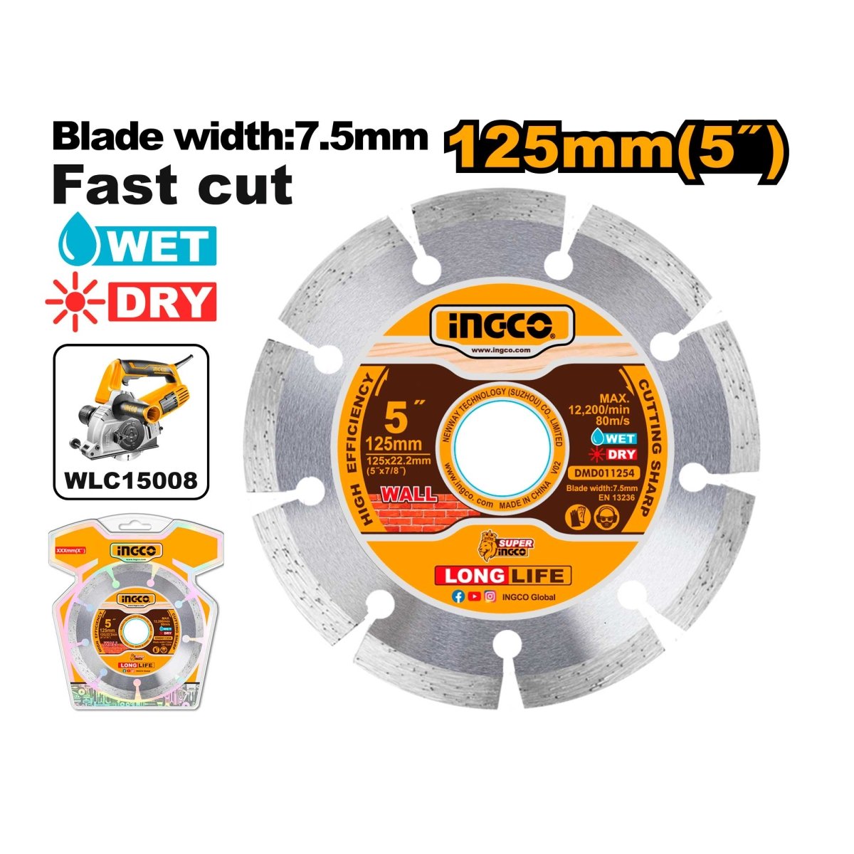 Disco Diamantado 5" Para Corte En Seco Y Húmedo Para Maquina Recortadora De Ranuras De Pared Wlc15008 - MARKEMSTORE -