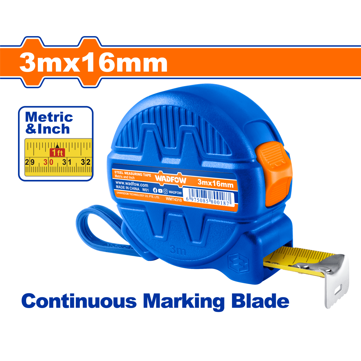 Flexómetro 3Mx16mm 1 Botón Mts/Pulg WADFOW WMT4310 - MARKEMSTORE - 
