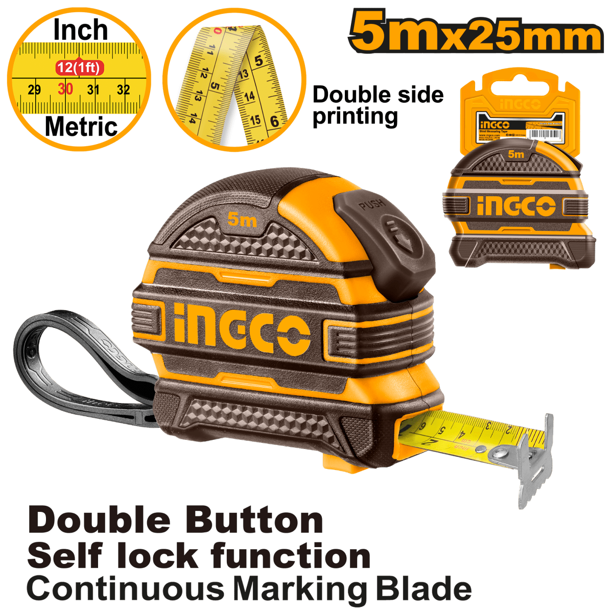 Flexómetro 5 Metros x 25mm INGCO Doble Botón Métrico/Pulgadas HSMT08525 - MARKEMSTORE - HERRAMIENTA PARA MEDICION