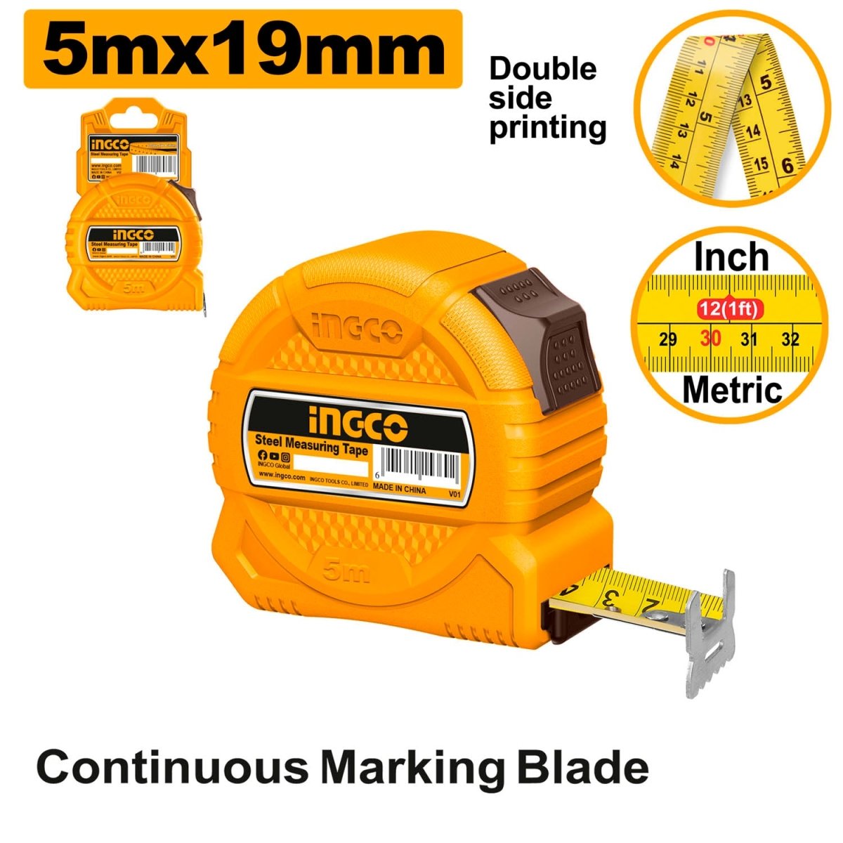 Flexometro 5mtsx19mm Mt/puLG Super Select Ingco Hsmt39519 - MARKEMSTORE - Cintas Métricas y Flexómetros