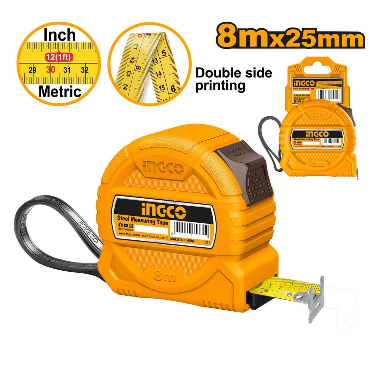 Flexometro 8mtsx25mm Mt/puLG Super Select Ingco Hsmt39825 - MARKEMSTORE - Cintas Métricas y Flexómetros