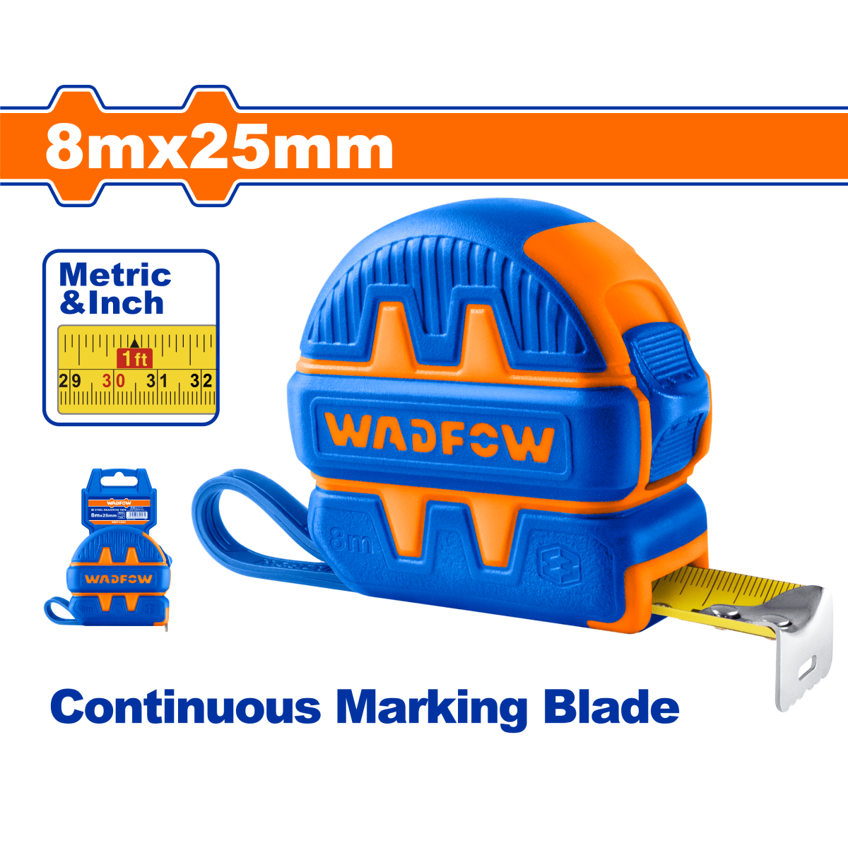 Flexómetro 8Mx25Mm 1 Botón Mts/Pulg WADFOW WMT1240 - MARKEMSTORE - 
