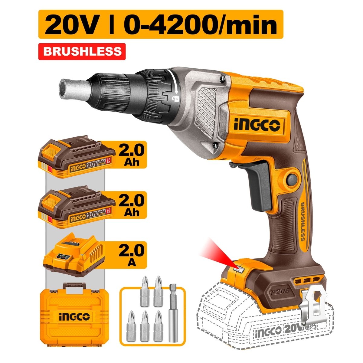 Ingco Atornillador Para Sistema Drywall 20V 4200Rpm Hex 1/4´´ Ucdsli204282 - MARKEMSTORE - Atornilladores