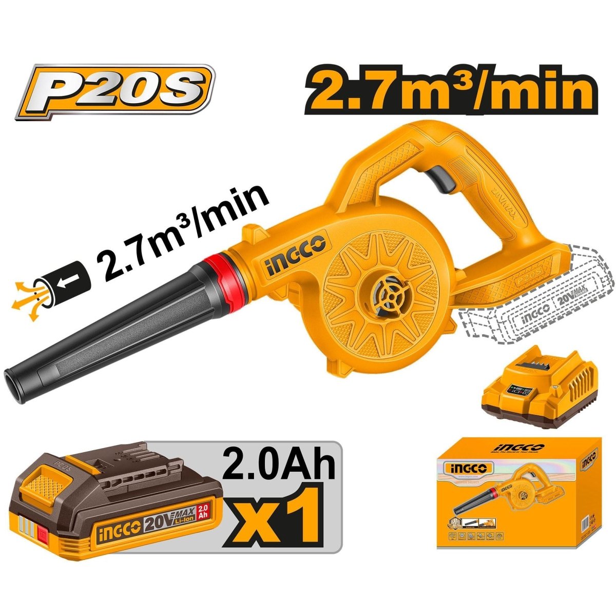 INGCO BLOWER 20V 18000RPM INCLUYE BATERIA Y CARGADOR UCABLI20781 - MARKEMSTORE - Pistolas y Sopladores