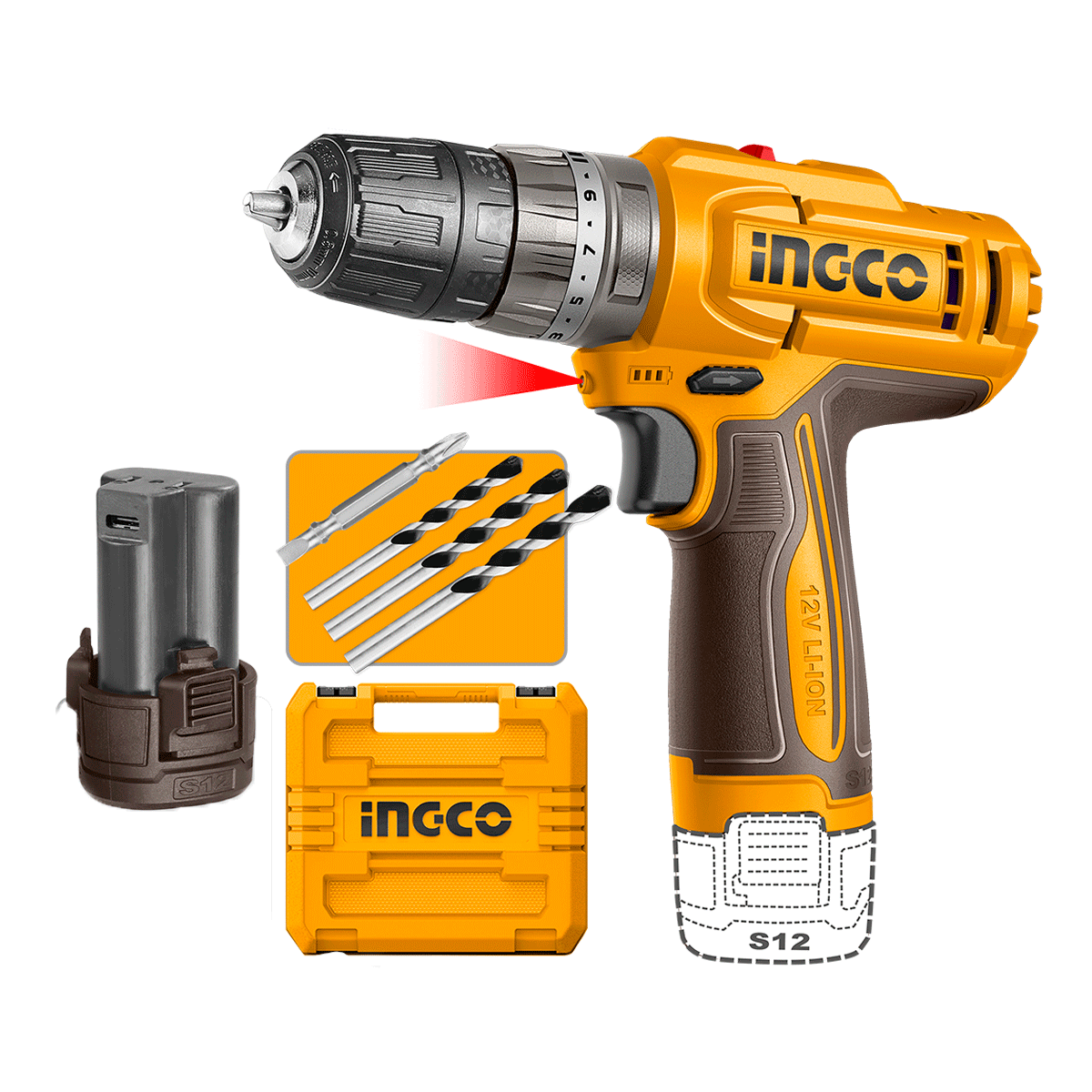 INGCO TALADRO M3/8 12V 20NM IMPACTO +2 BATERIAS CIDLI12206 - MARKEMSTORE - Taladro