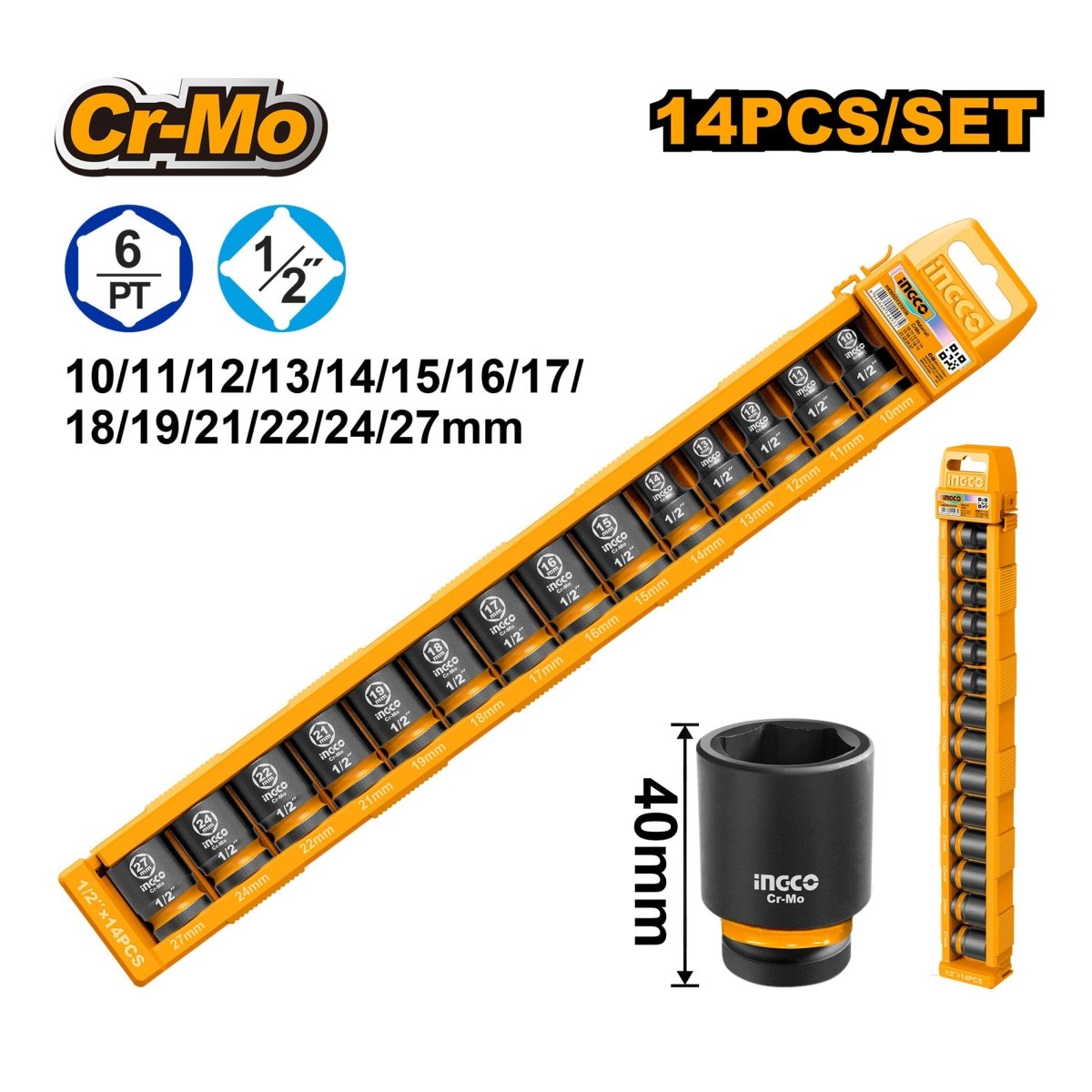 Juego de Dados de impacto 1/2" INGCO 14 Piezas Cr-Mo 10-27mm | HKISSD12146 - MARKEMSTORE - Dados y accesorios