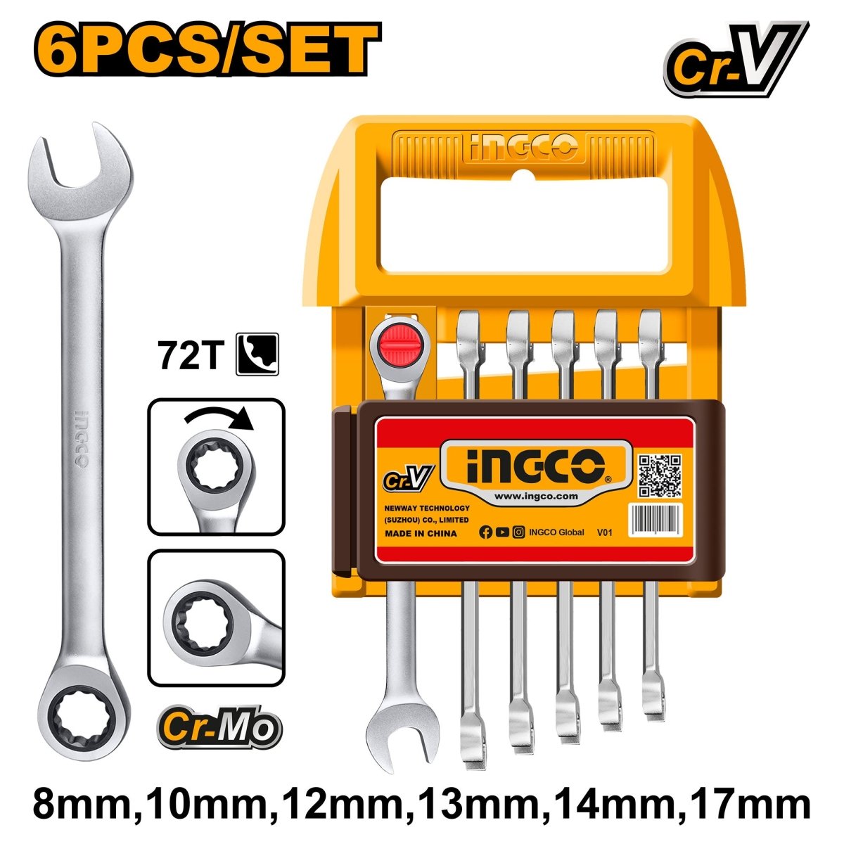 Juego de Llaves Mixtas Tipo Ratchet INGCO 6 Piezas 8-17mm | HKSPAR2062 - MARKEMSTORE - Llaves y Juegos