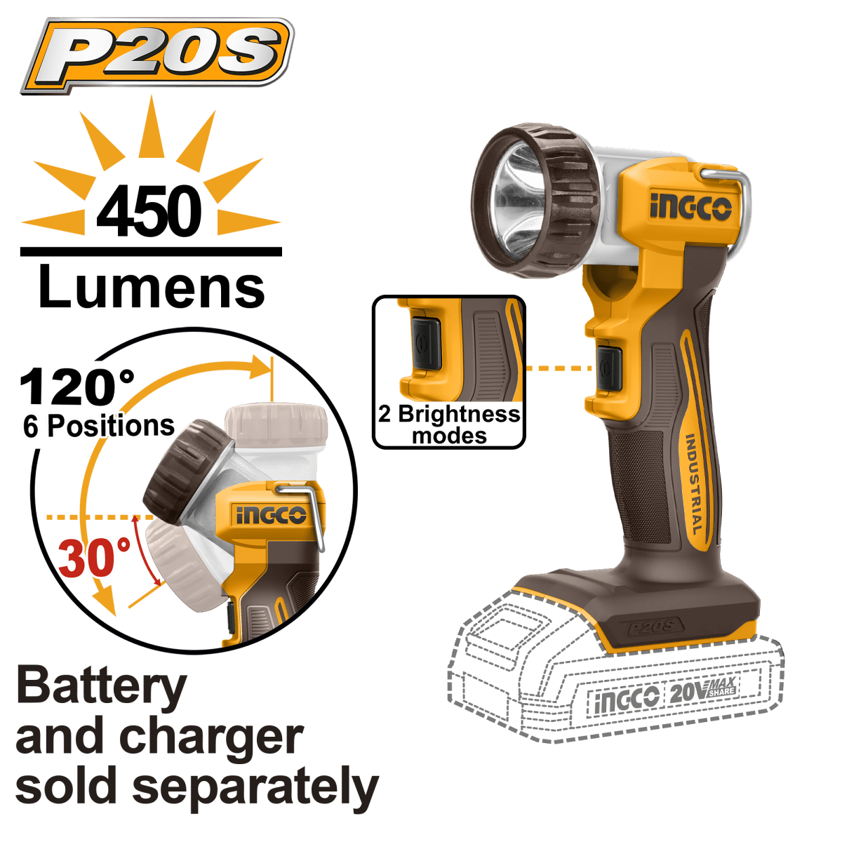 Lámpara Portátil LED 20V INGCO 450 Lúmenes 2 Modos Gancho Metal Ángulo 120° CWLI2058 - MARKEMSTORE - Linternas