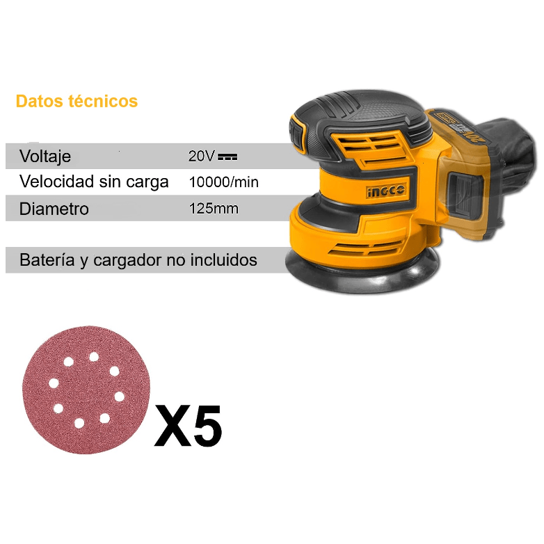 Lijadora Rotorbital Inalambrica 20v 10000rpm INGCO CROSLI2001 - MARKEMSTORE - Lijadoras