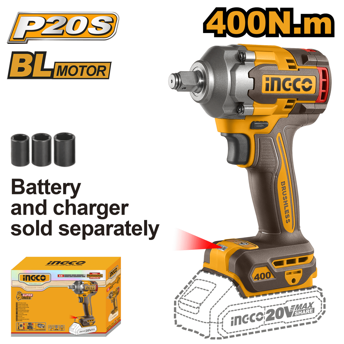 Llave De Impacto 20V M1/2 400Nm Brushless INGCO CIWLI20401 - MARKEMSTORE - 