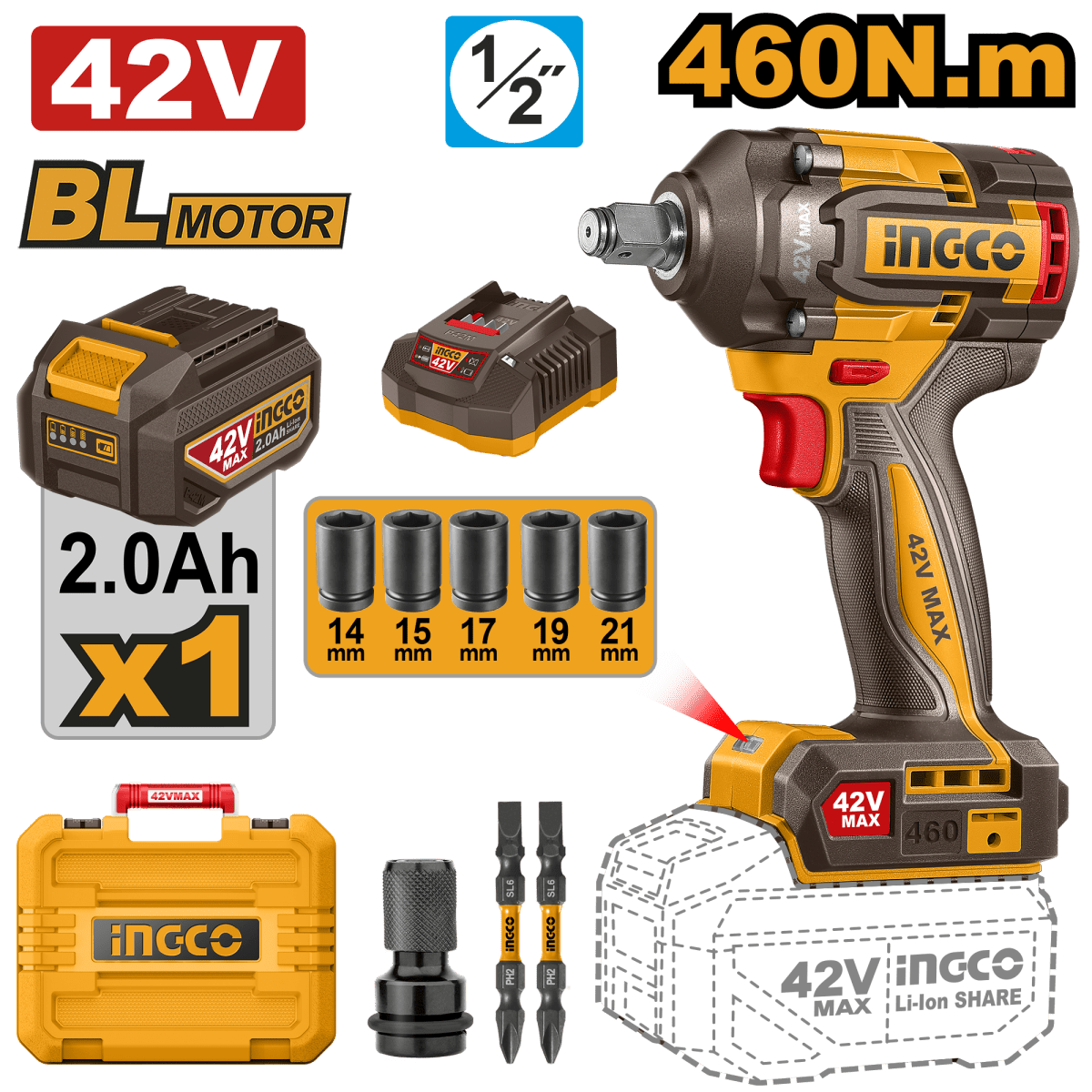 Llave De Impacto 42V M1/2 460Nm con Bateria y Cargador INGCO UCIWLI42461 - MARKEMSTORE - 