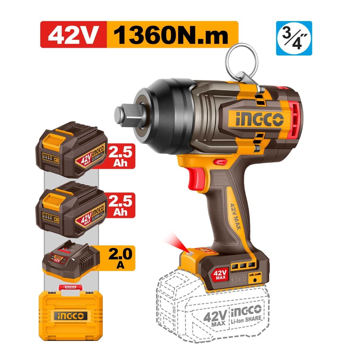 Llave De Impacto inalámbrica Ingco 42V 1350Nm 1800Rpm UCIWLI421362 - MARKEMSTORE - Llave de Impacto