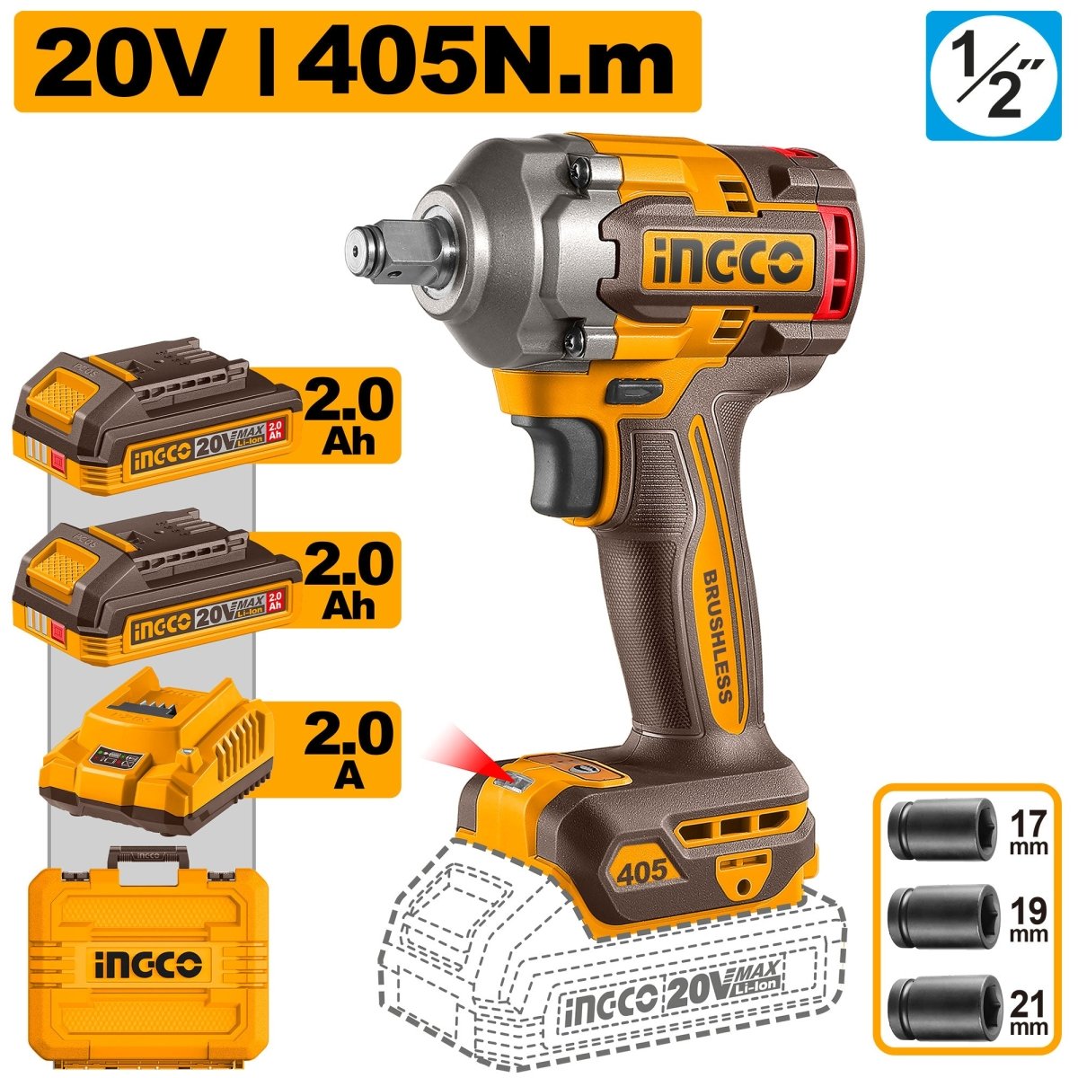Llave De Impacto M1/2 20V 405Nm 2400Rpm Brushless INGCO Uciwli2045 - MARKEMSTORE - Llave de Impacto