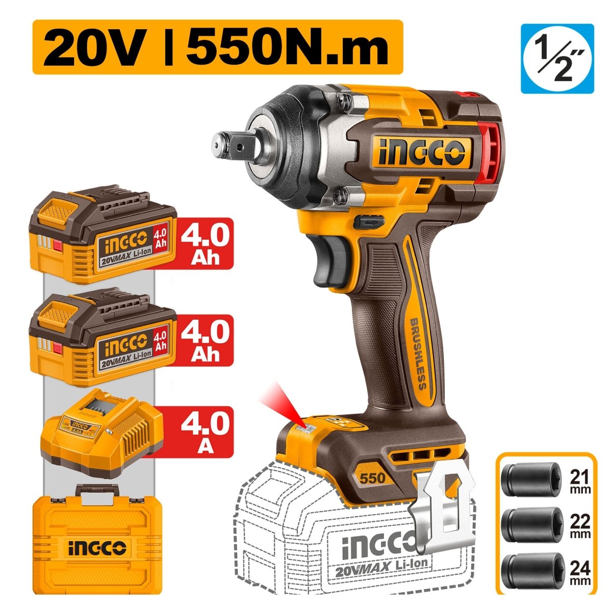 Llave De Impacto M1/2 20V 550Nm 2500Rpm Brushless INGCO Uciwli2055 - MARKEMSTORE - Llave de Impacto