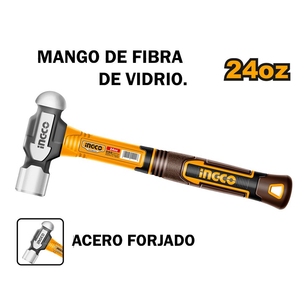 Martillo de Bola 24oz Mango Fibra de Vidrio INGCO HBPH81024 - MARKEMSTORE - Martillos