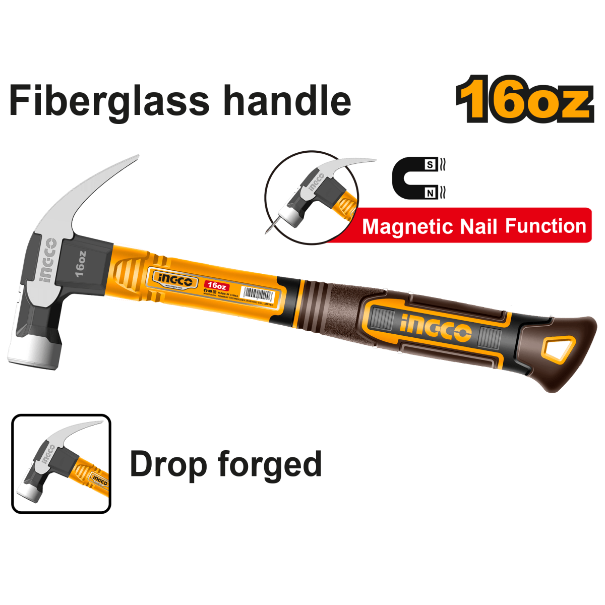 Martillo De Uña 16Oz Magnetico Mango Fibra De Vidrio Hch81016 - MARKEMSTORE - Martillos