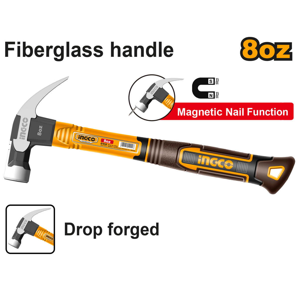 Martillo De Uña 8Oz Mango Fibra De Vidrio INGCO HCH81008 - MARKEMSTORE - Martillos