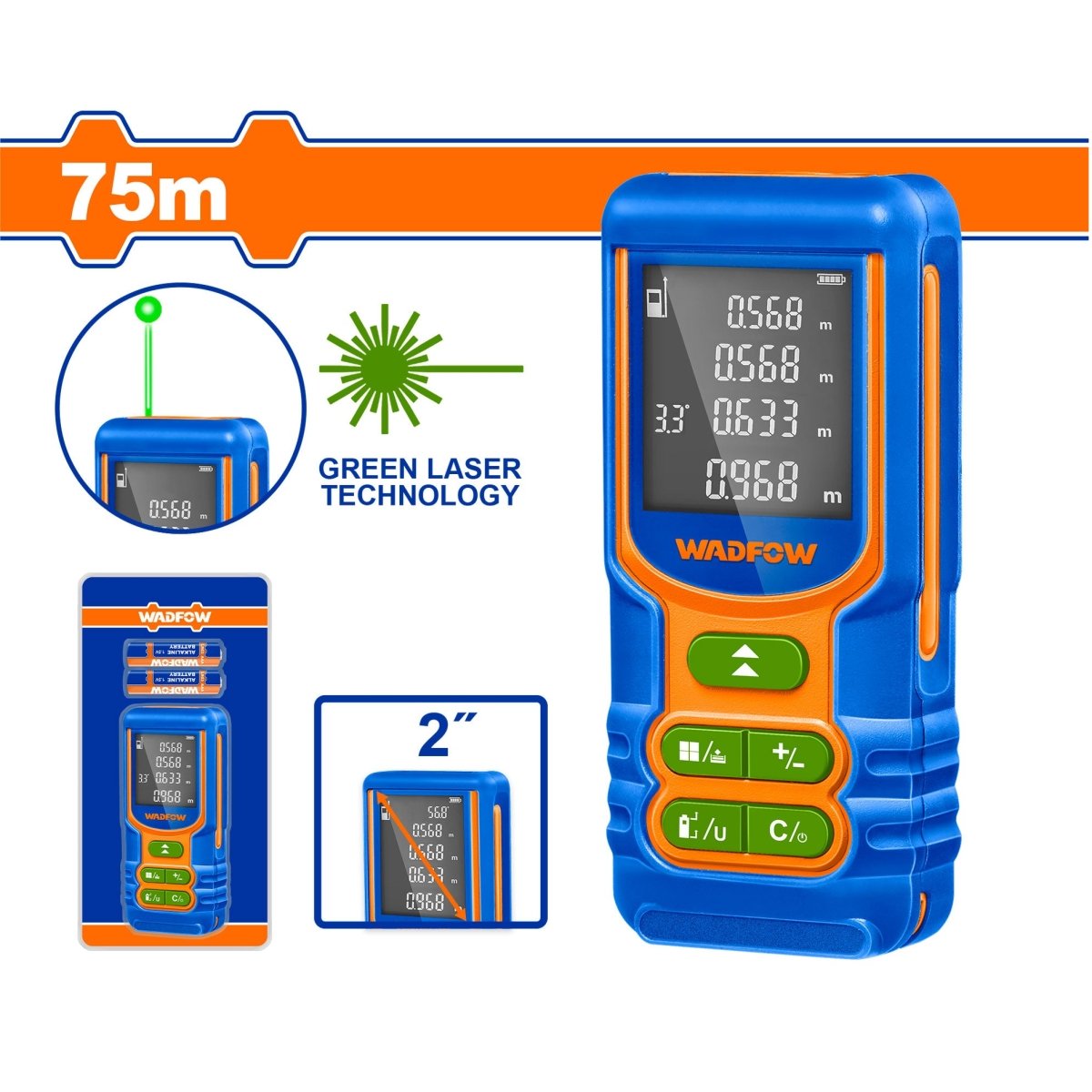 Medidor de distancia láser luz verde 75mts 2 funciones WADFOW WDL15267 - MARKEMSTORE - HERRAMIENTA PARA MEDICION