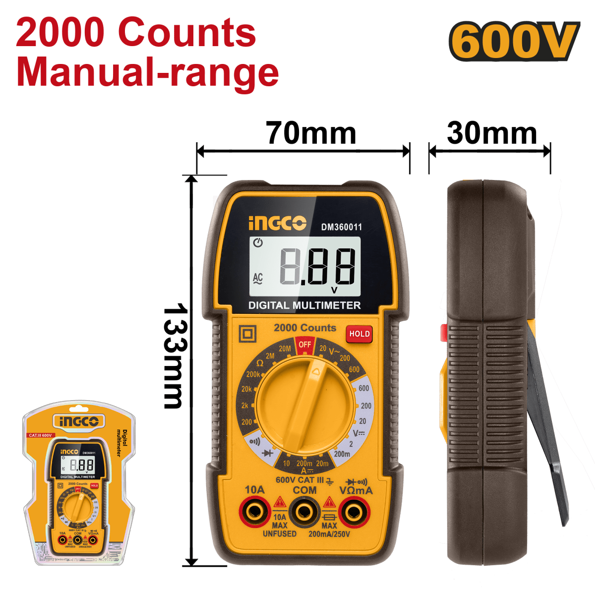 Multimetro Digital Industrial Volt 20v/200v/600v INGCO DM360011 - MARKEMSTORE - 