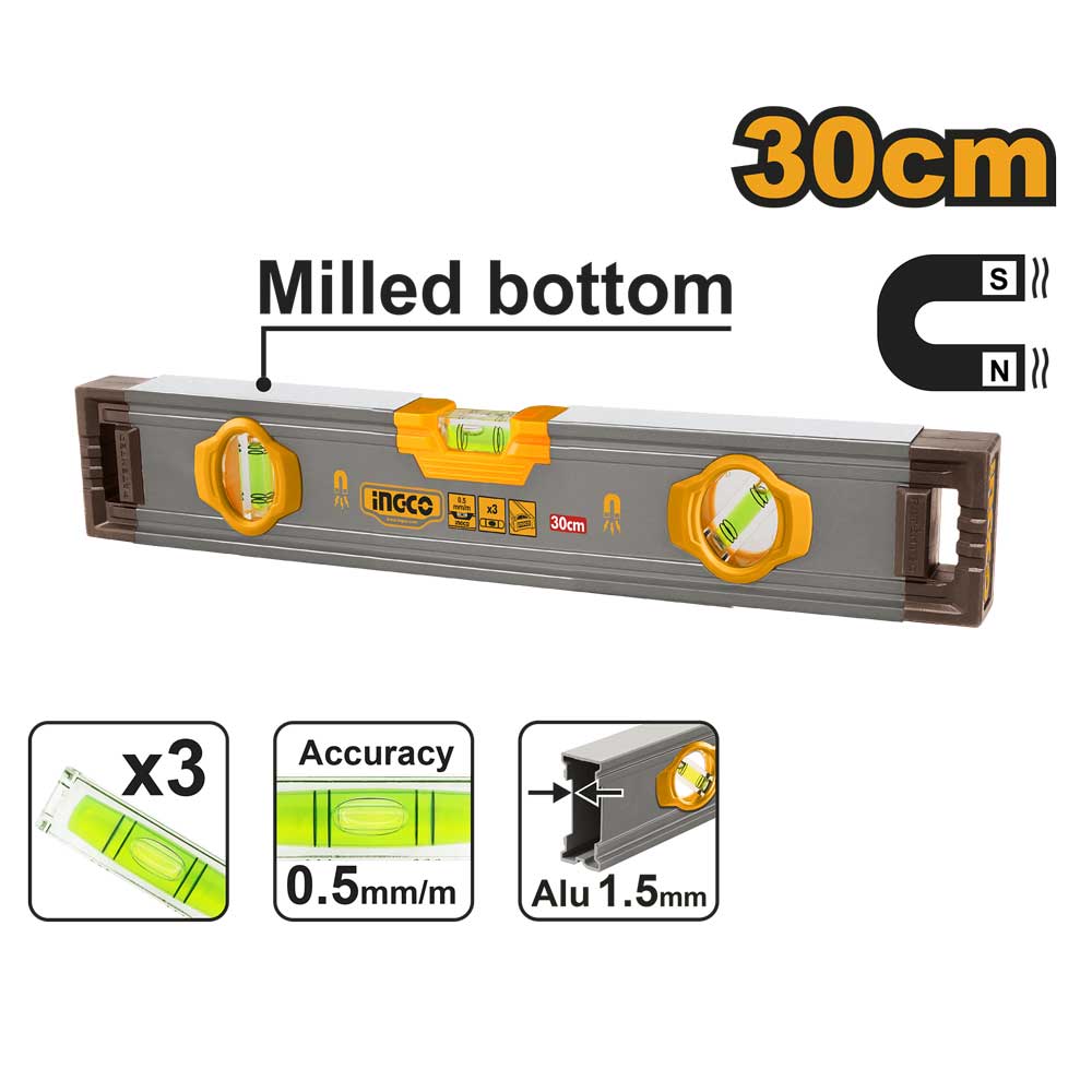 Nivel de Aluminio Magnético INGCO HSL38030M 30cm Spirit 1.5mm - MARKEMSTORE - Niveladores