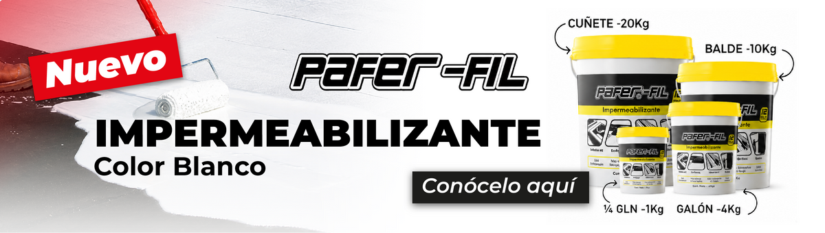 Impermeabilizante Pafer-Fil color blanco disponible en presentaciones de 1/4 Galón (1 Kg), Galón (4 Kg), Balde (10 Kg) y Cuñete (20 Kg) - MARKEMSTORE